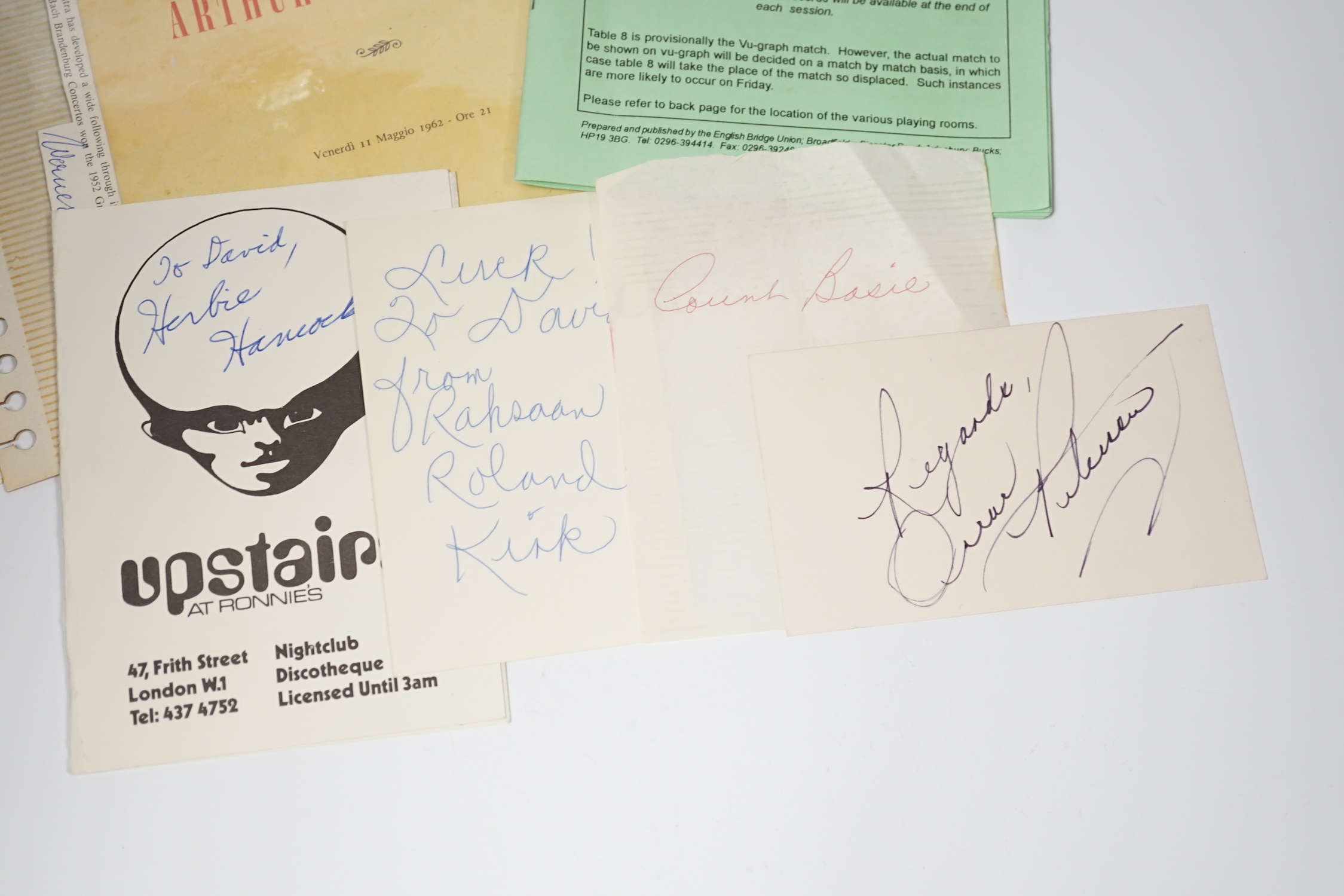 Omar Sharif autograph and Jazz autographs: Roland Kirk, Oscar Peterson, Count Basie, Herbie Hancock, 1970s and others including Bridge champion Zia Mahmood